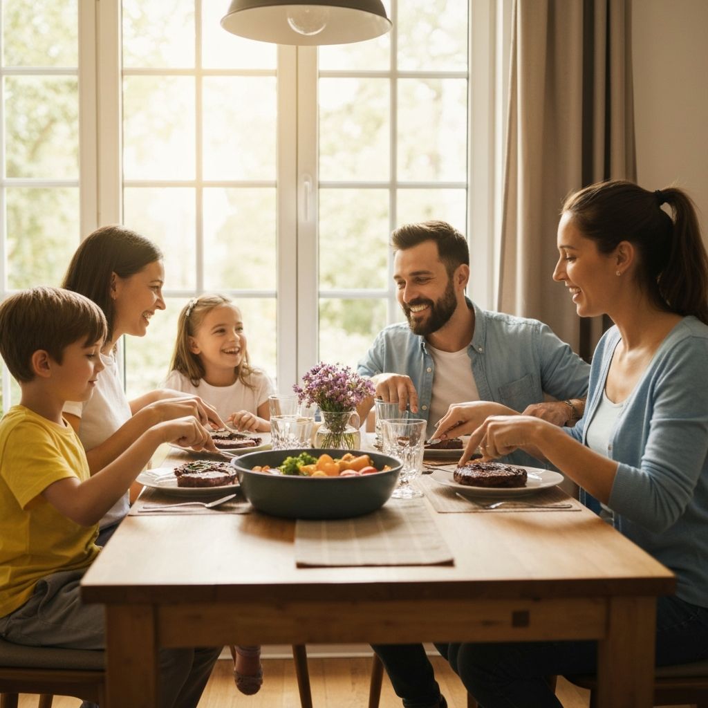 Perhe syömässä yhdessä pöydän äärellä