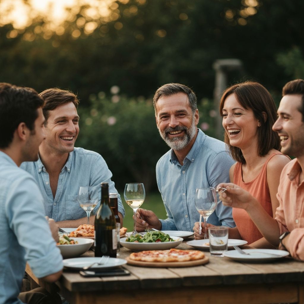 Ystävät syömässä ja nauramassa yhdessä